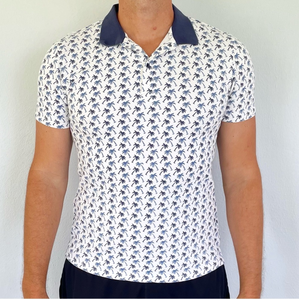 Slate & Stone blue tropical palm tree print polo shirt size medium